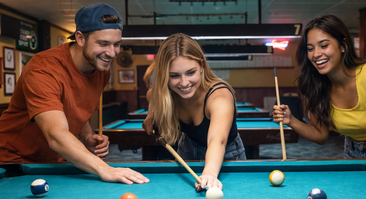 Friends having fun playing pool